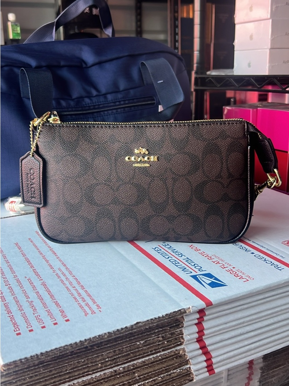 Coach Brown Signature Mini Wristlet with Gold Hardware
